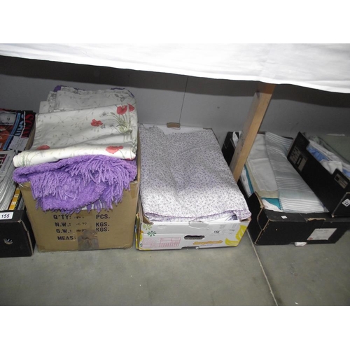 156 - A large lot of bedding, material, curtains etc. in 5 boxes