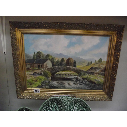 185 - An oil on board of bridge and countryside