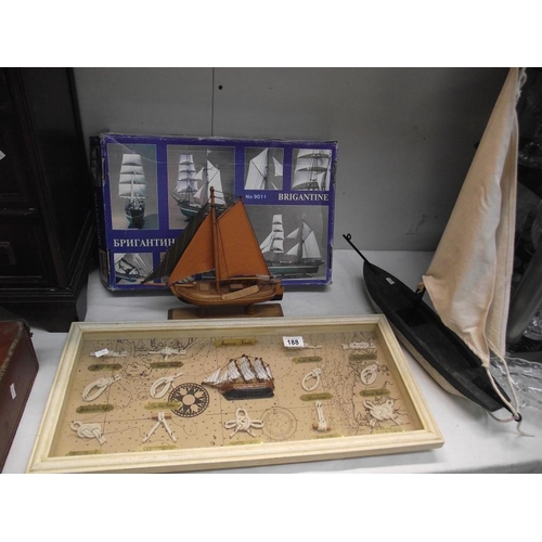 188 - A framed and glazed marine knots display, Brigantine model kit and 2 model yachts