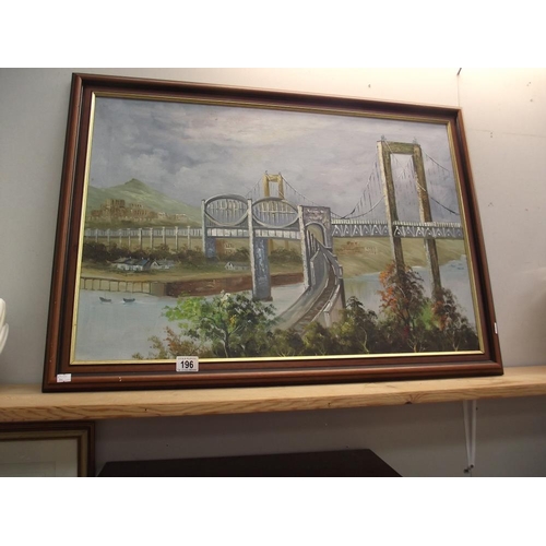 196 - An oil on canvas painting of The Royal Albert railway and Tamar Road bridges signed C. Hanson