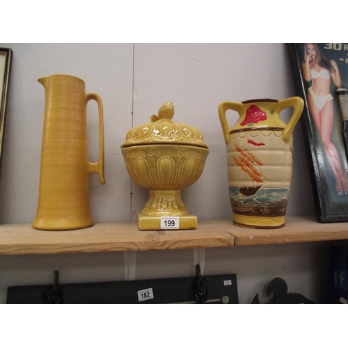 199 - A tri-handled vase depicting sailing ships, a lidded strawberry dish and a tall lidded pot