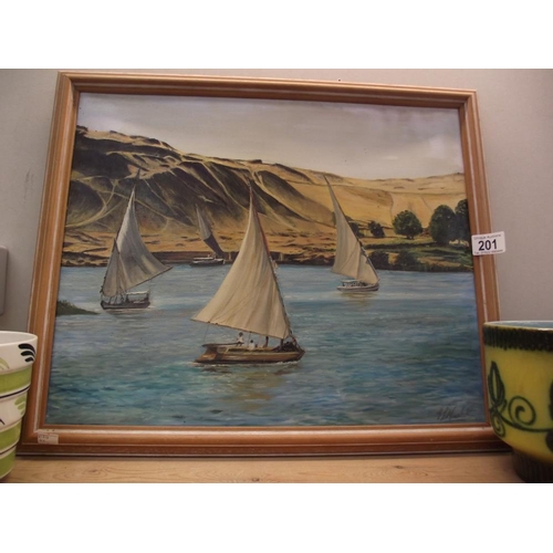 201 - A European school oil on canvas painting of boats in an estuary with Belvoir gallery label verso