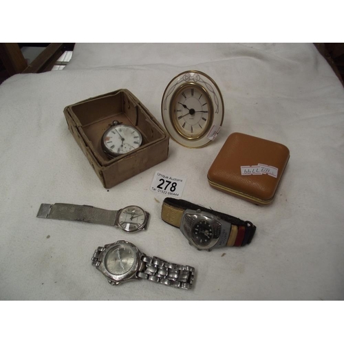 278 - A pocket watch A/F also a travel clock & wristwatches etc.