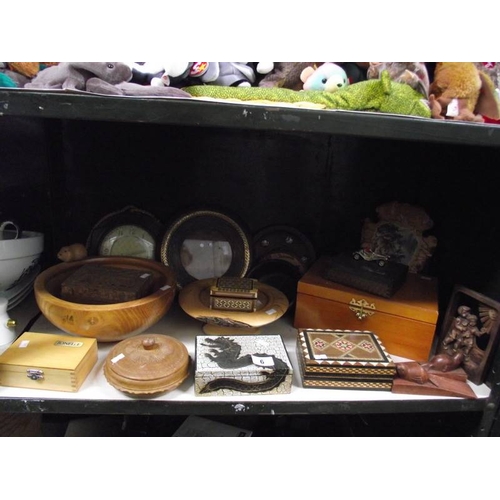 6 - A shelf on miscellaneous wooden items including boxes.