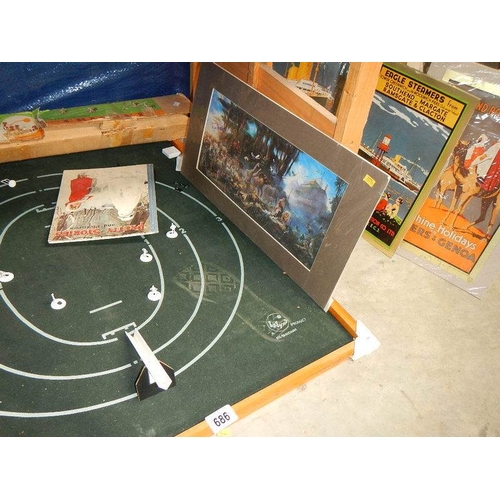 686 - A vintage Balyna indoor cricket game and a quantity of metal signs.