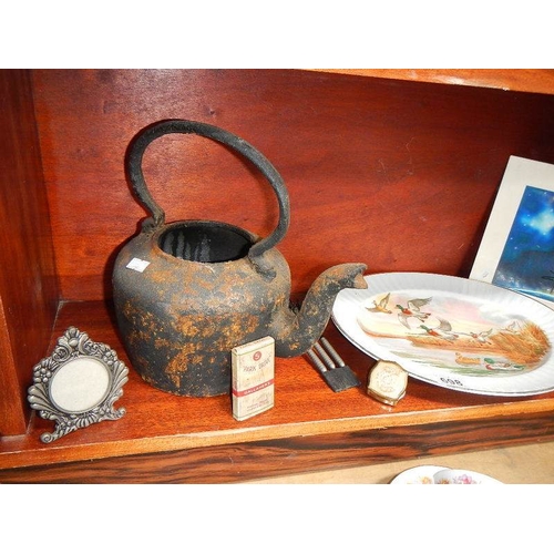 698 - A Victorian cast iron kettle, pill box etc.,