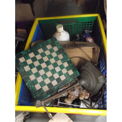 66 - 5 boxes of misc. including tools, lamp fittings, chess board etc.