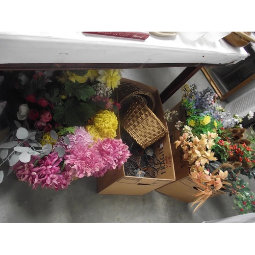 68 - 2 boxes of artificial flowers and a box of flower holders and wicker baskets etc.