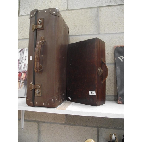 76 - A leather travel case and a wooden case