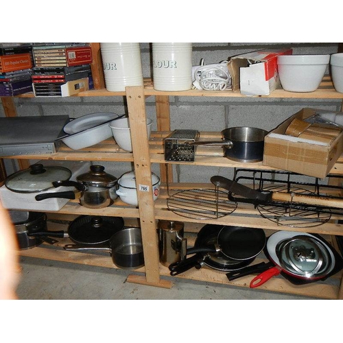 785 - 4 shelves of pots and pans.