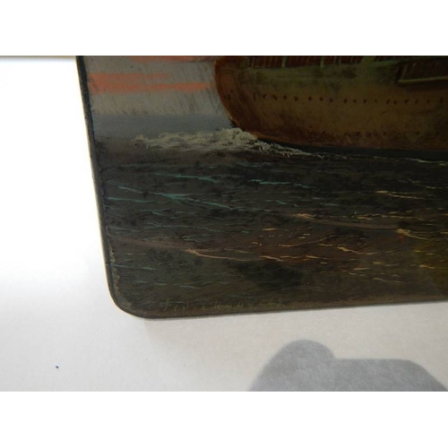 1037 - A superb quality Russian lacquered box depicting a ship, signed.