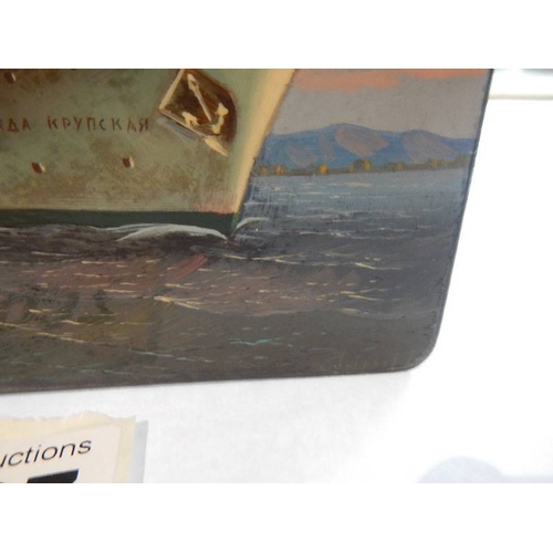 1037 - A superb quality Russian lacquered box depicting a ship, signed.