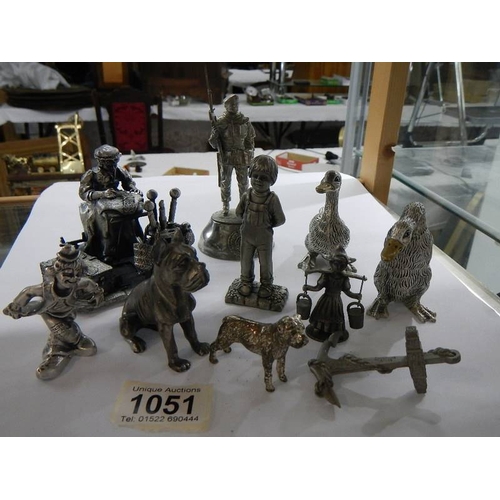 1051 - A mixed lot of metal figures including lace maker,  soldier, dogs, ducks etc.,