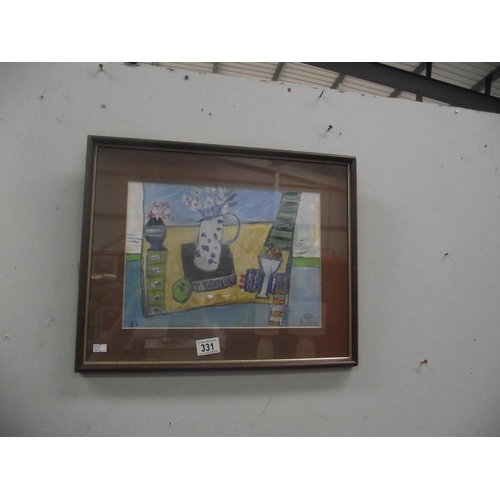 331 - An acrylic on paper St. Ives blue still life with flowers signed with monogram, dated '76 (framed an... 