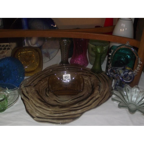 437 - A large quantity of coloured Art Glass bowls and vases etc