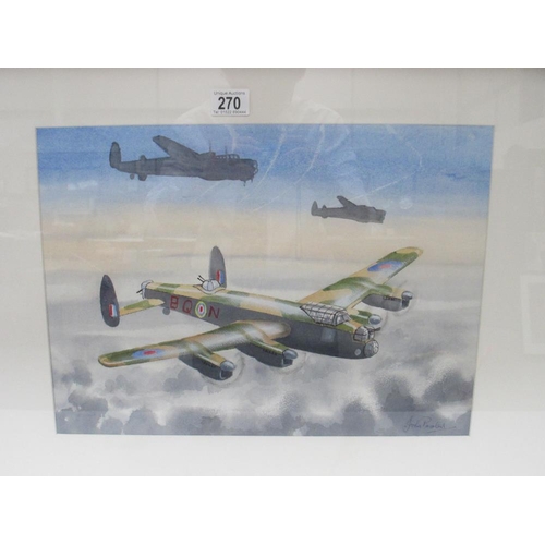 270 - John Pooler  Watercolour painting of a Lancaster bombing mission signed by the artist. Frame approx ... 