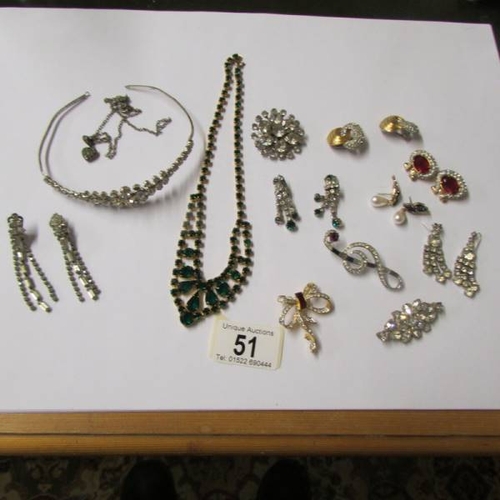 51 - A mixed lot of old paste jewellery including necklace and earring set, tiara etc (13 pieces.)