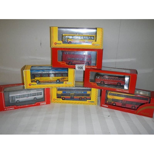 166 - Seven die cast Corgi model buses.