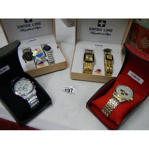 197 - 4 boxed wrist watches Including Swiss Line.