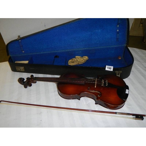 199 - A mid 20th century cased violin with bow - A copy of Jacobus Steiner.