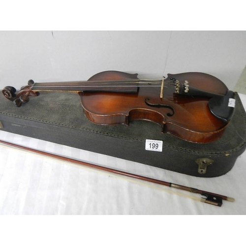 199 - A mid 20th century cased violin with bow - A copy of Jacobus Steiner.