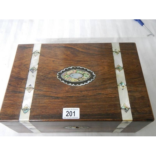 201 - A Rosewood writing box,  a/f with mother of pearl a/f and some missing.