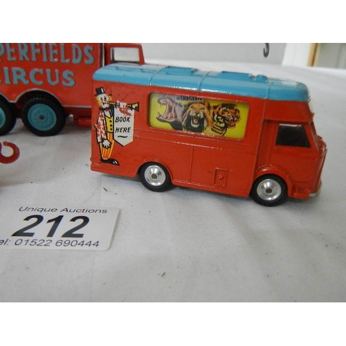 212 - A Corgi Chipperfields Circus 426 mobile booking office, 1121 & 1123 crane truck and circus cage.