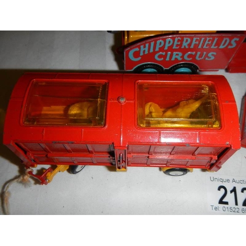 212 - A Corgi Chipperfields Circus 426 mobile booking office, 1121 & 1123 crane truck and circus cage.