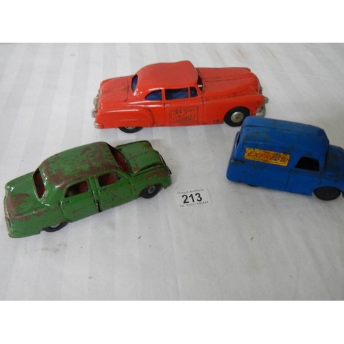 213 - A Triang tinplate clockwork Ford Zephyr, a Plastic friction fire chief car and an express van.