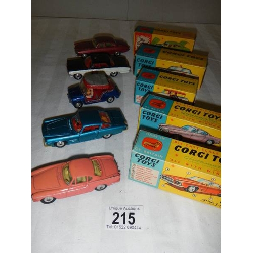 215 - 5 boxed Corgi cars - Nos 228, 237, 238, 240 and 240.  All in good condition and in original boxes.