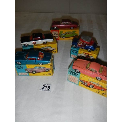 215 - 5 boxed Corgi cars - Nos 228, 237, 238, 240 and 240.  All in good condition and in original boxes.