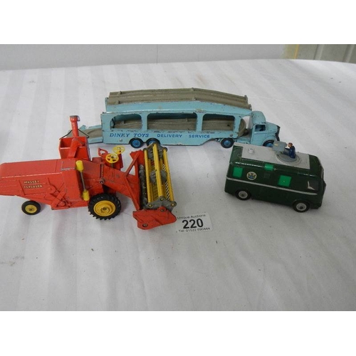 220 - A Dinky 682 Pullmore transporter, a 968 BBC Roving Eye vehicle and a Major Massey Ferguson combine h... 