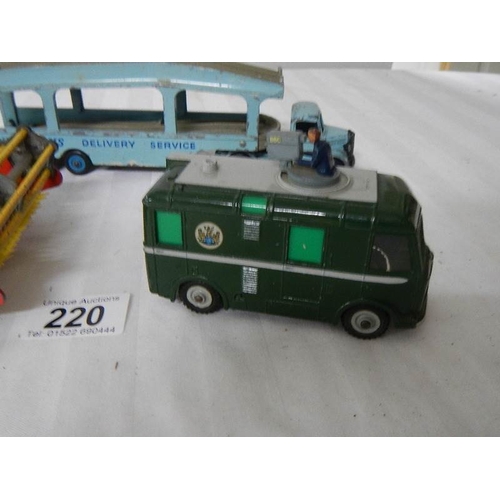 220 - A Dinky 682 Pullmore transporter, a 968 BBC Roving Eye vehicle and a Major Massey Ferguson combine h... 