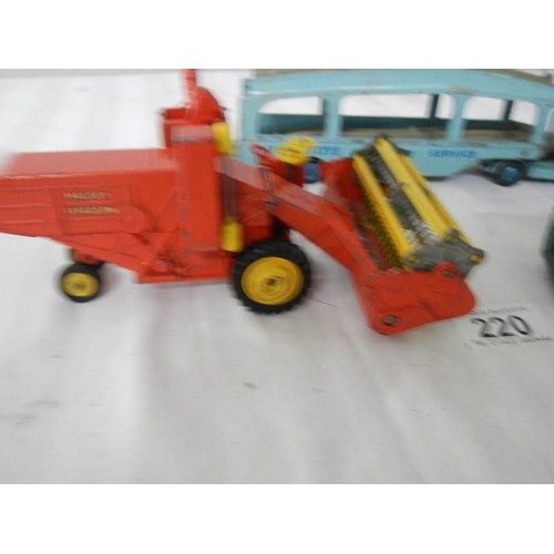 220 - A Dinky 682 Pullmore transporter, a 968 BBC Roving Eye vehicle and a Major Massey Ferguson combine h... 