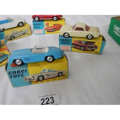 223 - 5 boxed Corgi toys Nos 215s, 239, 252, 303, 310, Ford, Rover, Mercedes etc., in original boxes, some... 