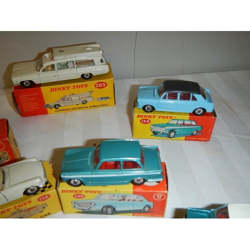 225 - 7 boxed Dinky cars, 2 over painted, others in reasonable condition, all with original boxes, some wi... 