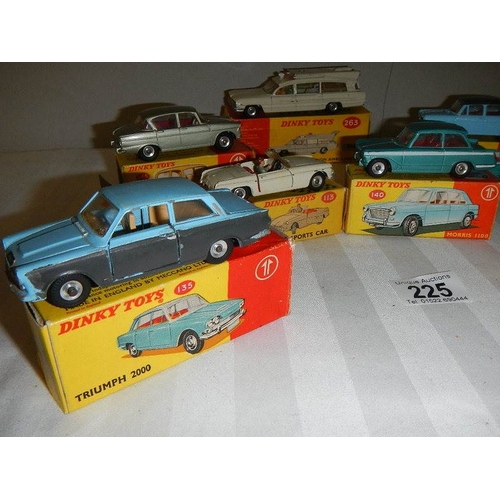 225 - 7 boxed Dinky cars, 2 over painted, others in reasonable condition, all with original boxes, some wi... 