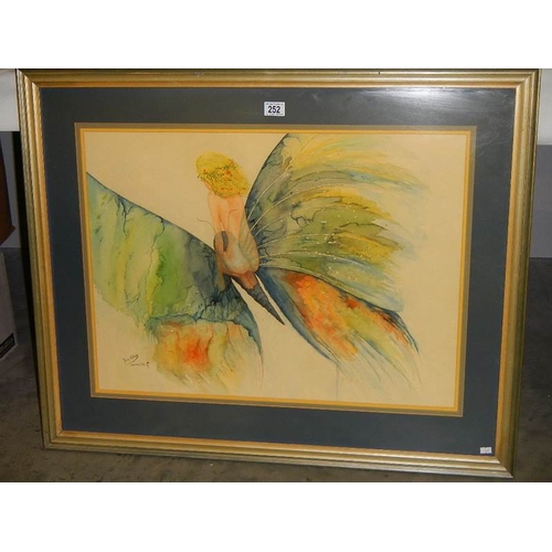 252 - A framed and glazed watercolour ''Flight of Fancy'' by Fiona Elwick, overall size 38'' x 31'' (96 x ... 