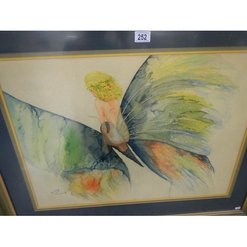 252 - A framed and glazed watercolour ''Flight of Fancy'' by Fiona Elwick, overall size 38'' x 31'' (96 x ... 