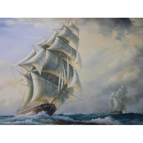 254 - A large oil on canvas seascape depicting sailing ships on rough seas.