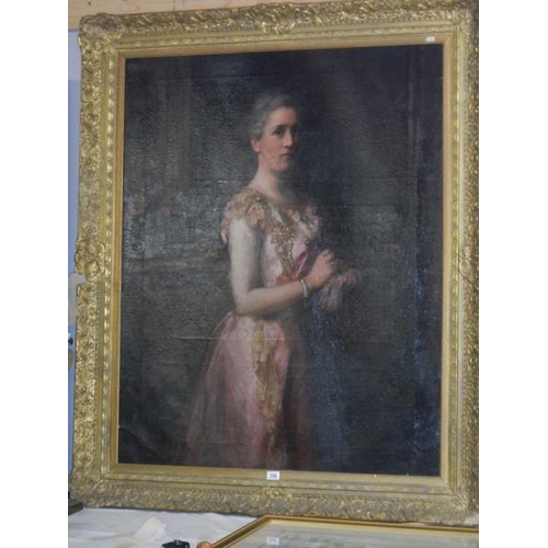 256 - Joseph Herbert Bentley R.B.A. (1866-1934) oil on canvas portrait painting of lady in a pink dress wi... 