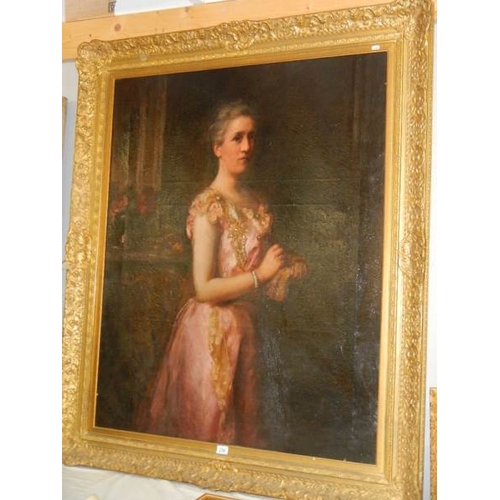 256 - Joseph Herbert Bentley R.B.A. (1866-1934) oil on canvas portrait painting of lady in a pink dress wi... 