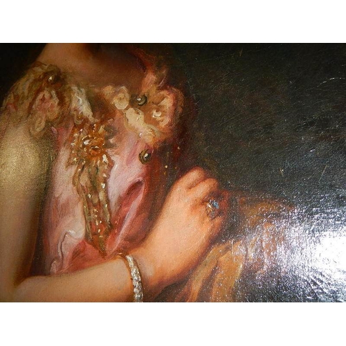 256 - Joseph Herbert Bentley R.B.A. (1866-1934) oil on canvas portrait painting of lady in a pink dress wi... 