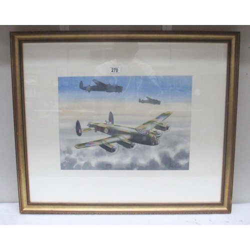 270 - John Pooler  Watercolour painting of a Lancaster bombing mission signed by the artist. Frame approx ... 