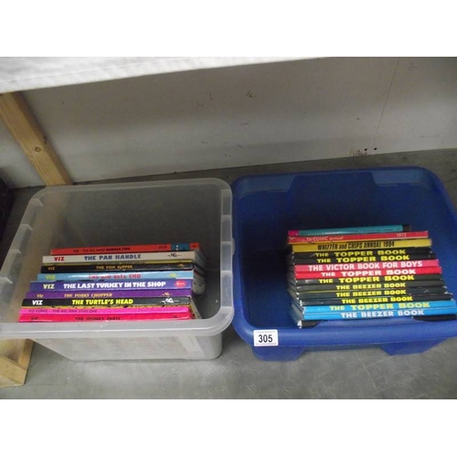 305 - A box of children's annuals and a box of Viz annuals.