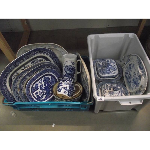 310 - A mixed lot of 19/20th century blue and white meat platters, tureens etc, a/f.