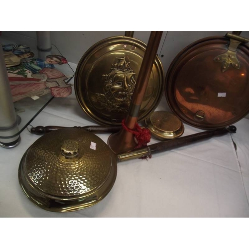 316 - 6 brass and copper bed warming pans and a copper post horn.