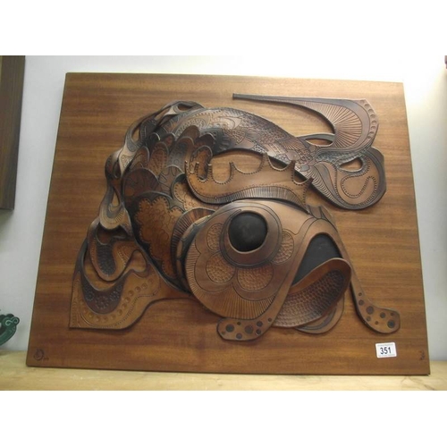 351 - A leather carp art picture on wood base, signed but indistinct.