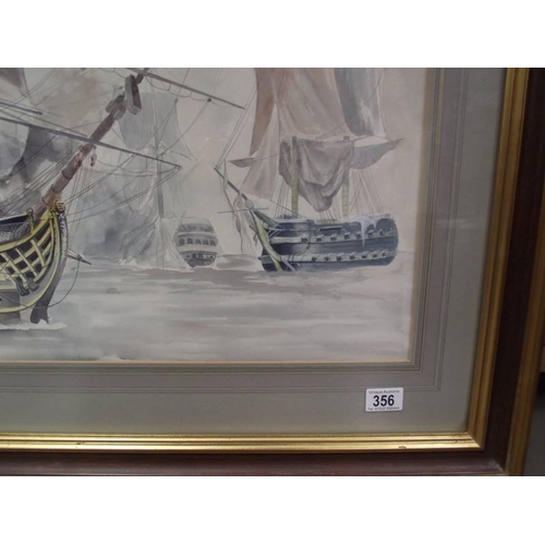 356 - A large gilt framed and glazed watercolour of galleons at battle signed George M Kehew.