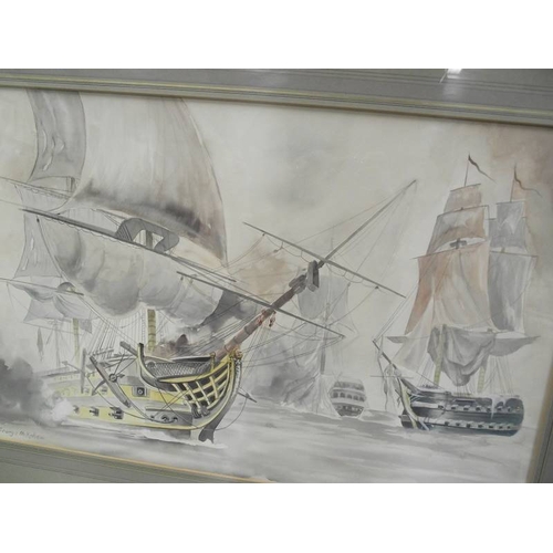 356 - A large gilt framed and glazed watercolour of galleons at battle signed George M Kehew.